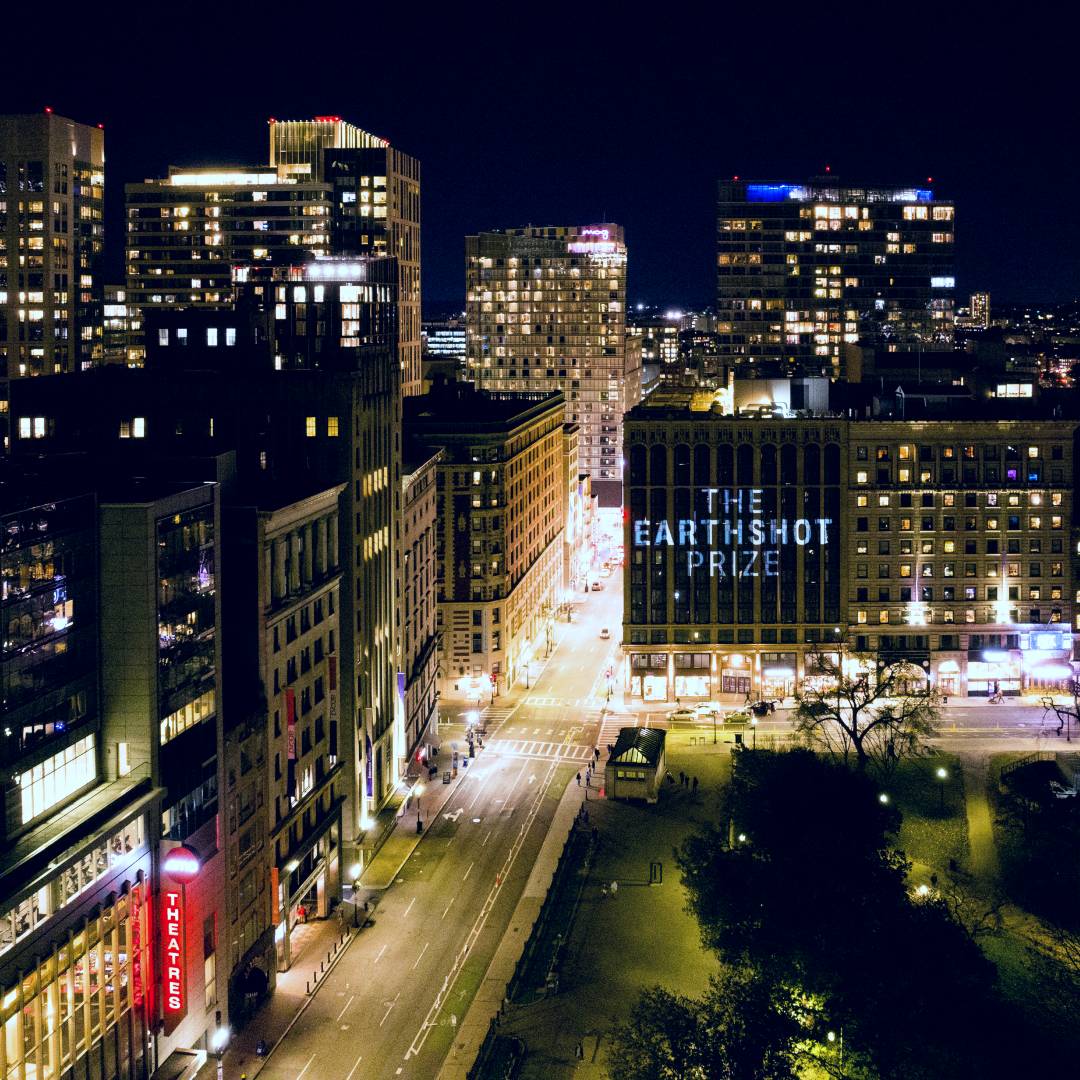 The Earthshot Prize projections on Emerson College building, Boston