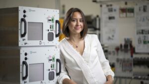 AEM Electrolysers Co-Founder Vaitea Cowan with electrolyser