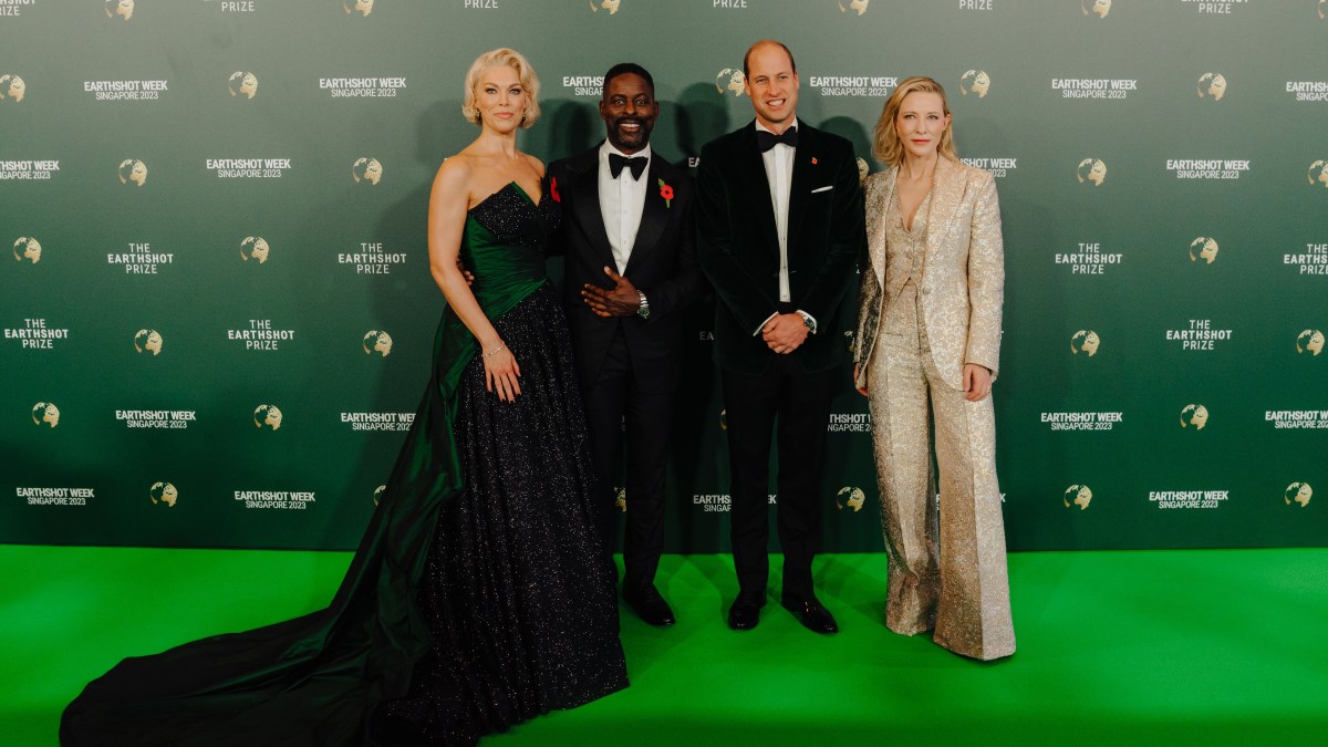 Prince William on the green carpet with hosts Hannah Waddingham and Sterling K Brown and Earthshot Prize Council Member Cate Blanchett