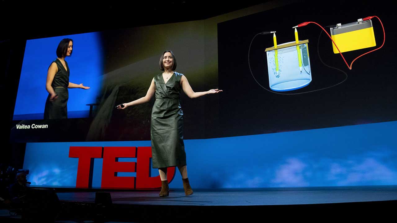 Enapter co-founder, Vaitea Cowan presents her TED Talk on Green Hydrogen in Vancouver in September 2022