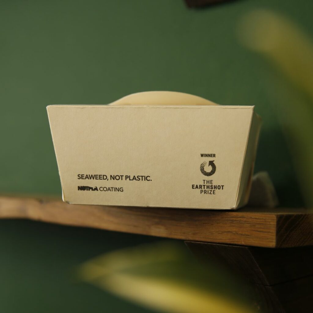 Notpla Earthshot Prize branded takeaway box
