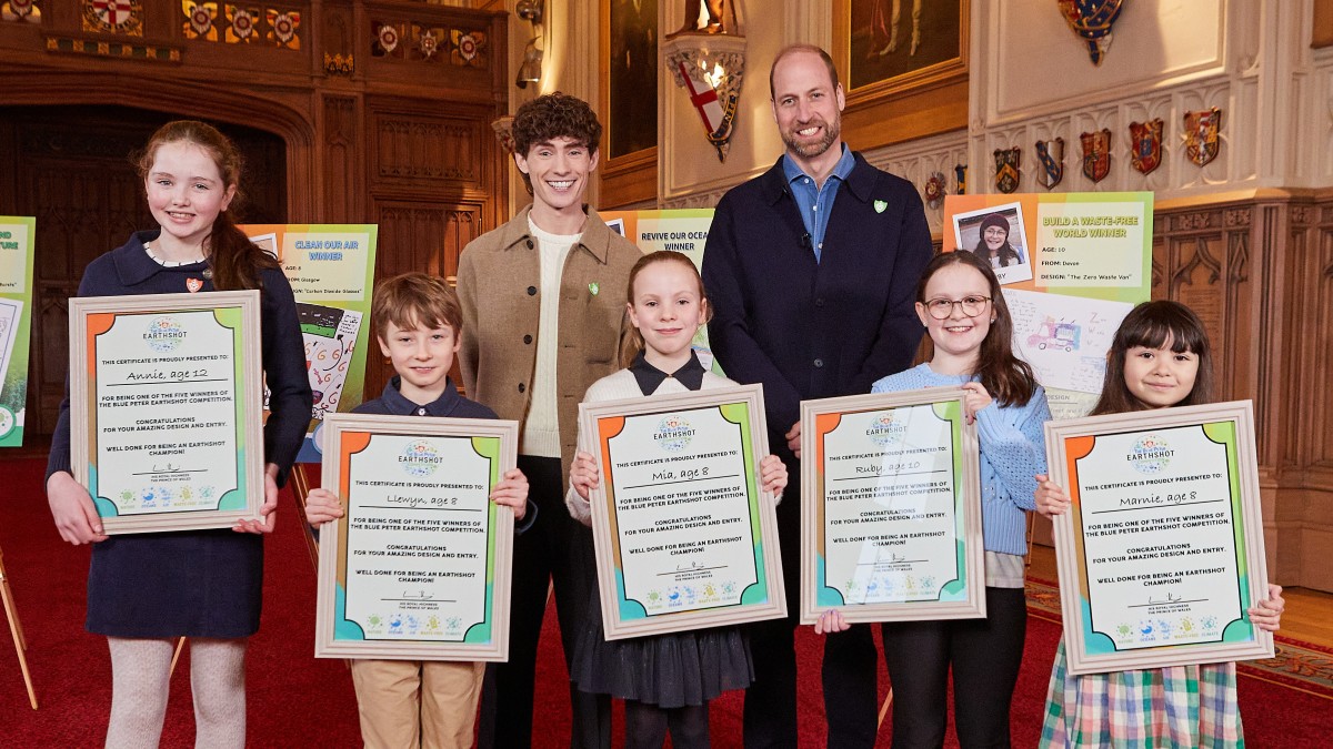 The five Blue Peter Earthshot competition winners at Windsor Castle. (L-R) Annie, Llewyn, Mia, Ruby and Marnie with Blue Peter host, Joel Mawhinney, and Prince William.