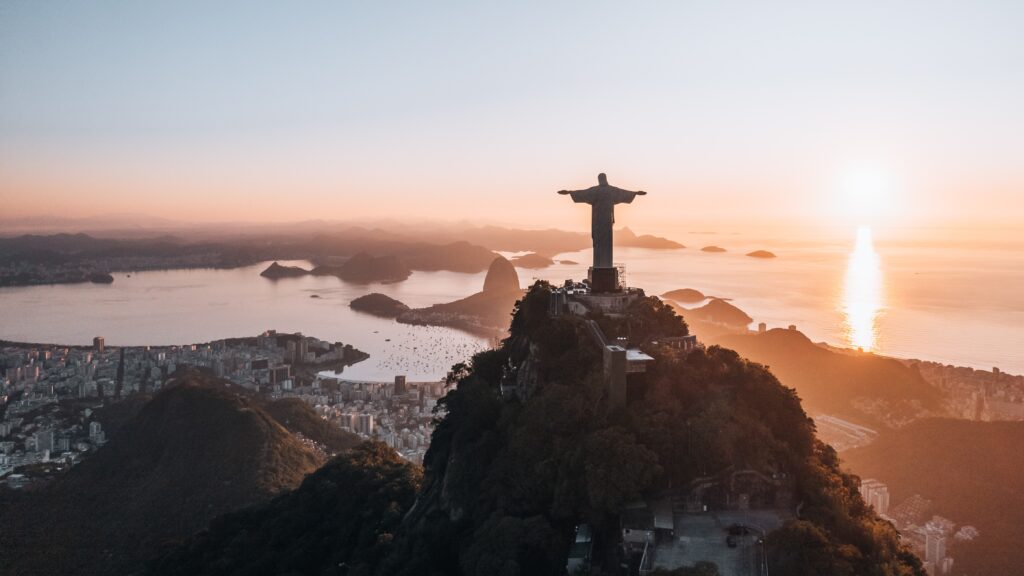 Aerial View of Christ the Redeemer during sunrise in Rio de Janeiro, Brazil