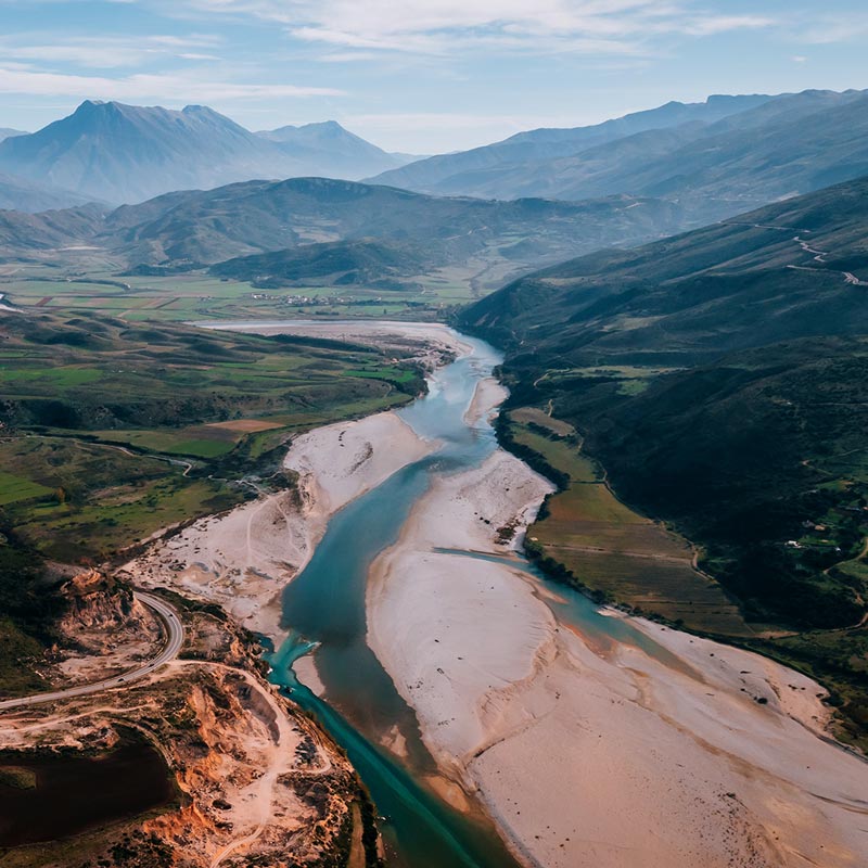 River bed with mountains in the background