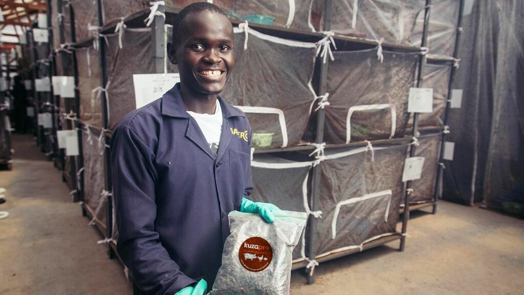 Sanergy employee holds end product animal feed