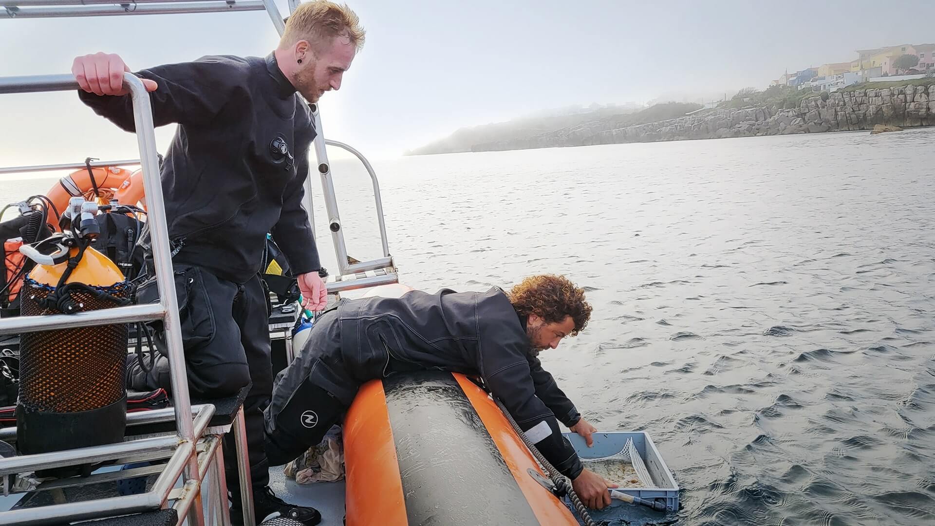 SeaForester team placing green gravel into the sea