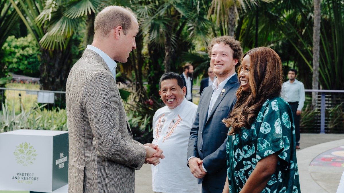 Florent Kaiser and Constantino Aucca Chutas (Accion Andina) and Manja Kargbo (Freetown the Treetown) chat to Prince William at the Gardens by the Bay